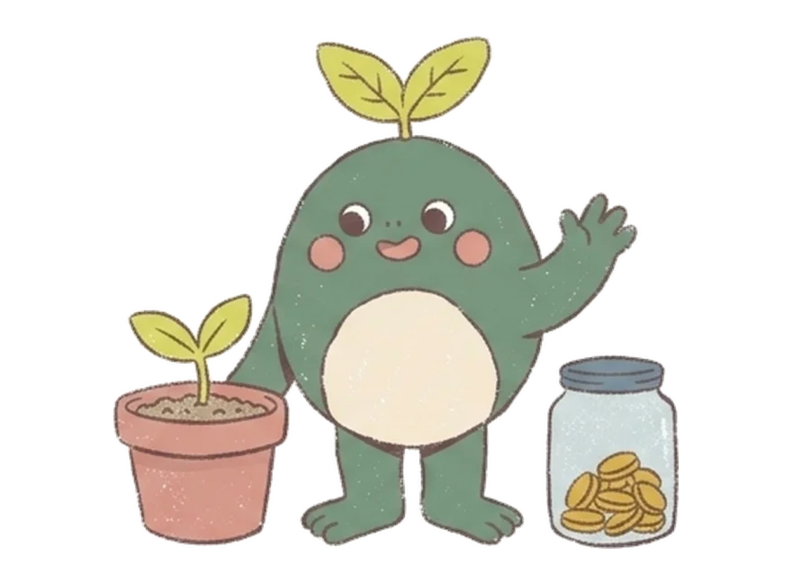 Growney's mascot, a round green sprout, waving hello